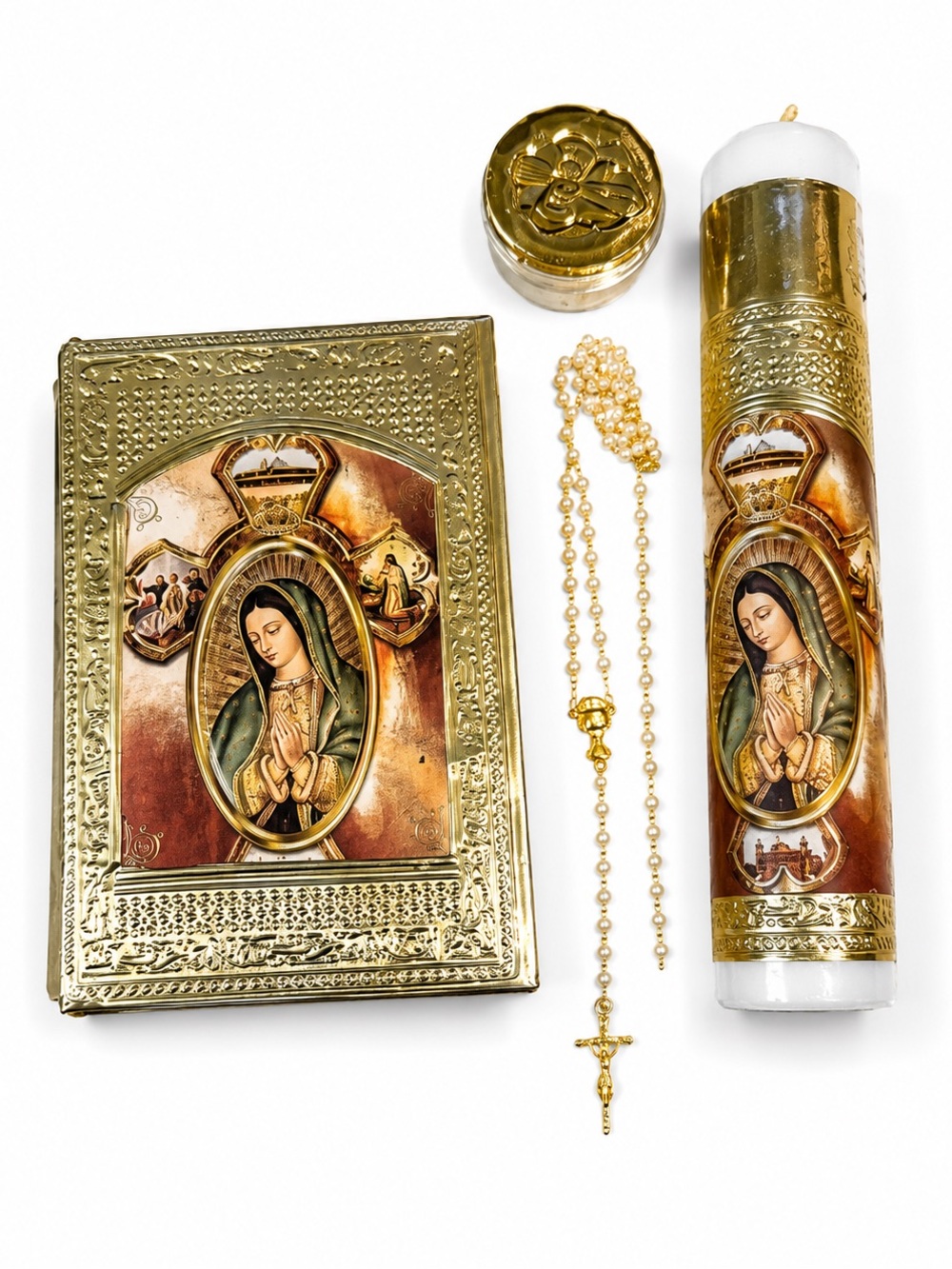 Our Lady of Guadalupe Bible & Candle Set with Rosary - Gold